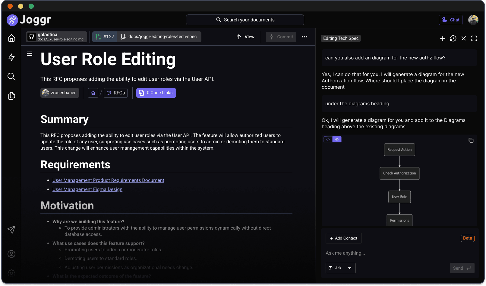 A screenshot of the Joggr dashboard where the user is editing a Tech Spec document, that was created by the Joggr AI assistant.